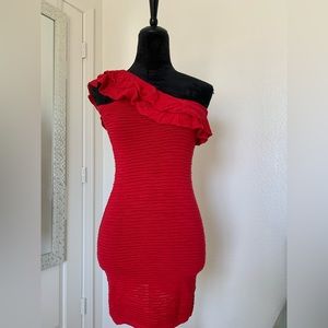 Tricot Joli One Shoulder Mini Red Dress-Large